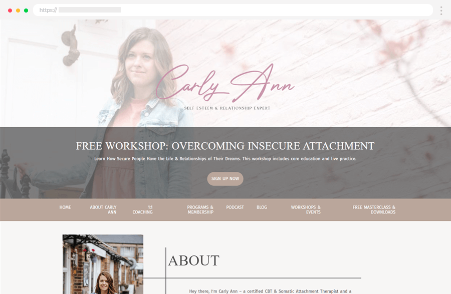 kajabi website examples relationship expert Carly Ann